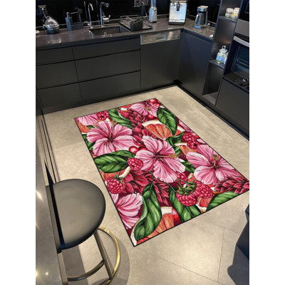 Washable Decorative Pink Rose Patterned Area Rug