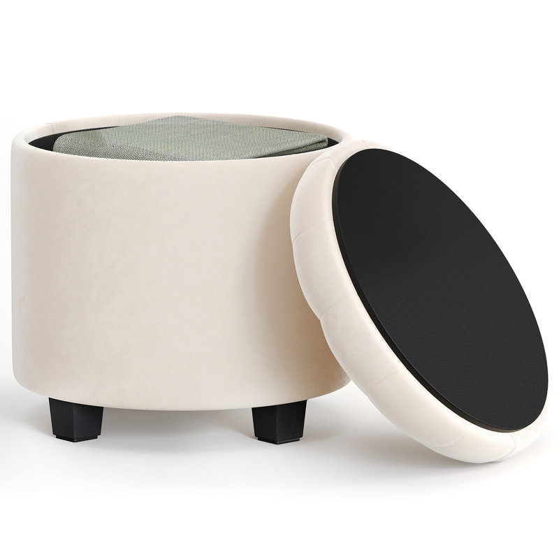 Round Ottoman, Ottoman With Storage, Foot Rest With Legs, Velvet, For Living Room, Bedroom, Cream White
