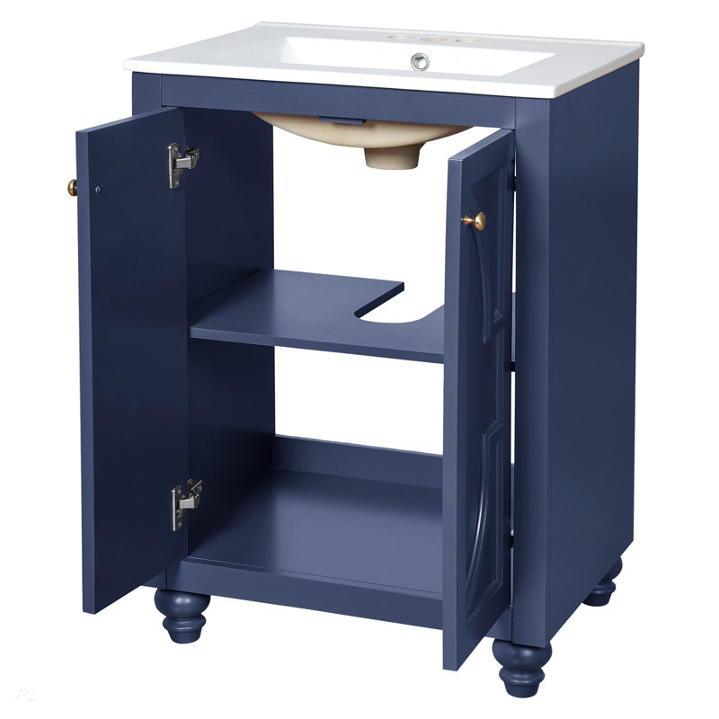 Meuble-lavabo moderne de 24 po avec motif elliptique orné et charnières à fermeture en douceur, armoire de salle de bain avec structure ouverte au dos, pieds tournés en boule avec élégance française