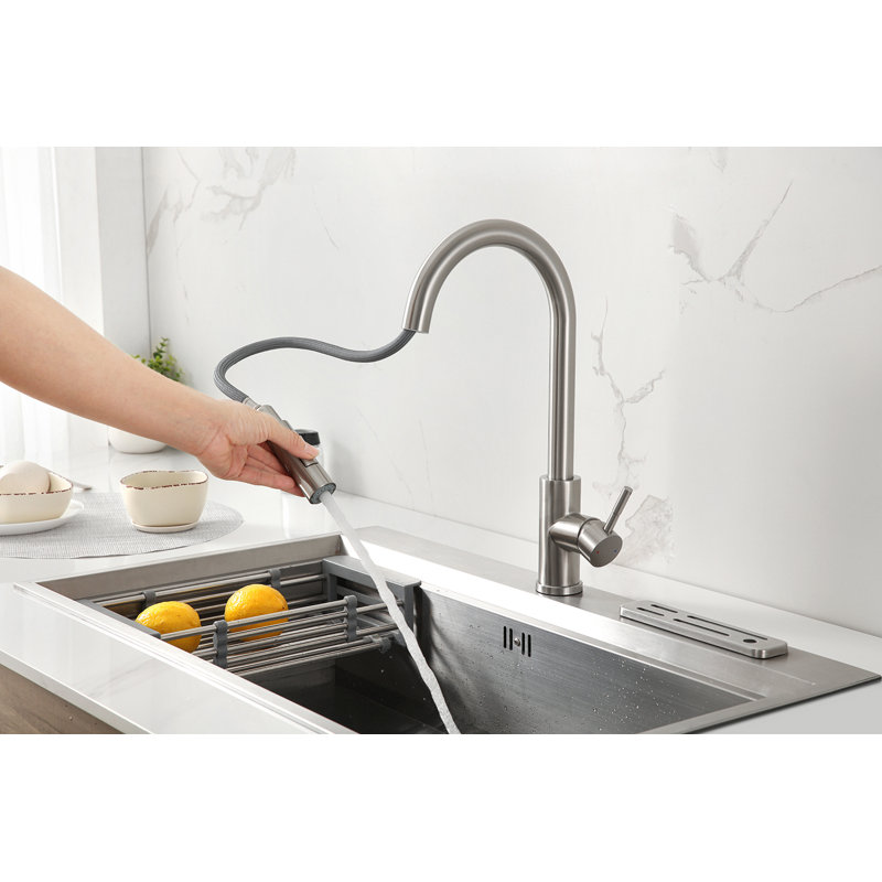 Robinet d'évier de cuisine à poignée simple rétractable en nickel brossé, Nickel brossé