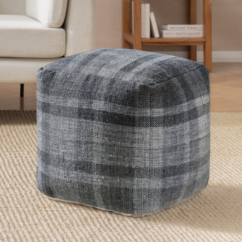 Guinda 18' Dark Gray Upholstered Pouf Ottoman, Dark Gray Checkered