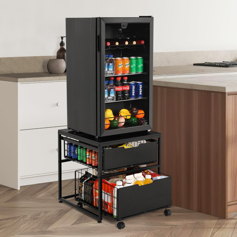 Mini Fridge Stand With Storage Drawer Basket, Mobile Mini Fridge Table, Heavy Duty Fridge Cart, Small Refrigerator Stand For Beverage Coffee Bar Dorm Mini Fridge Cabinet