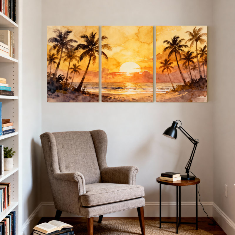 Palmiers, coucher de soleil tropical, Palm Beach, ensemble de 3 impressions sur toile, H 18 po x l 36 po