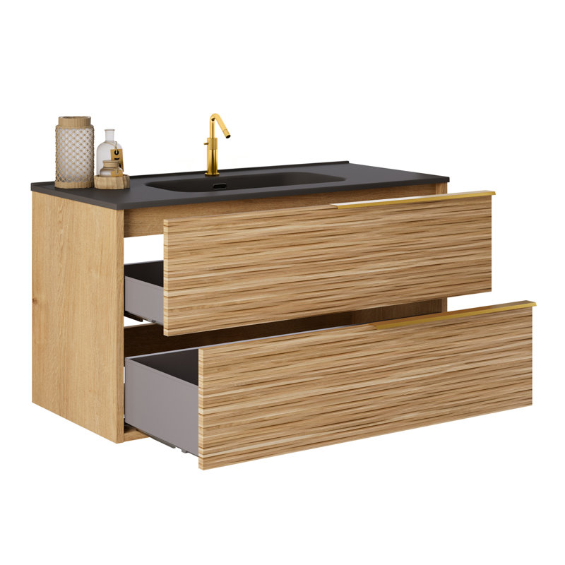 Kora 32" Bamboo Faux Finish Wall-Mounted Single Bathroom Vanity with Integrated Ceramic Top & Handles, Gold, 40"