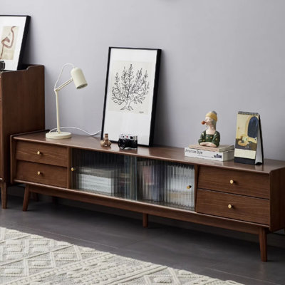 Mid Century Solid Wood TV Stand With Four Drawers And Central Fluted Sliding Glass Door