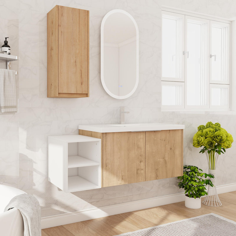 Meuble-lavabo mural simple 48 po avec plateau en résine, meuble-lavabo flottant avec 2 portes et armoire latérale 48 po