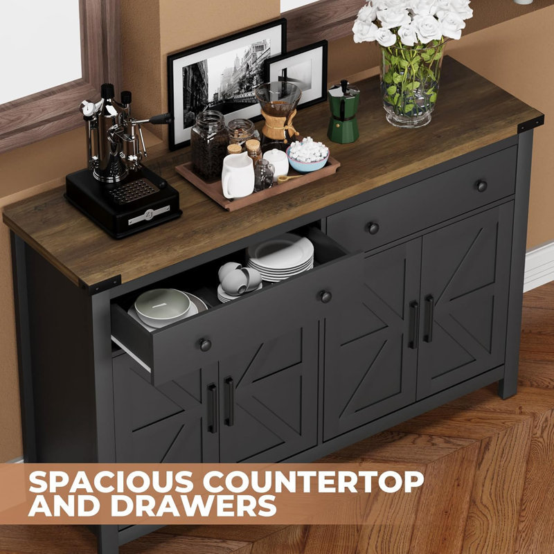 55" Sideboard Buffet Cabinet with Storage, Coffee Bar Cabinet with 2 Drawers and 4 Barn Doors, Black/Brown