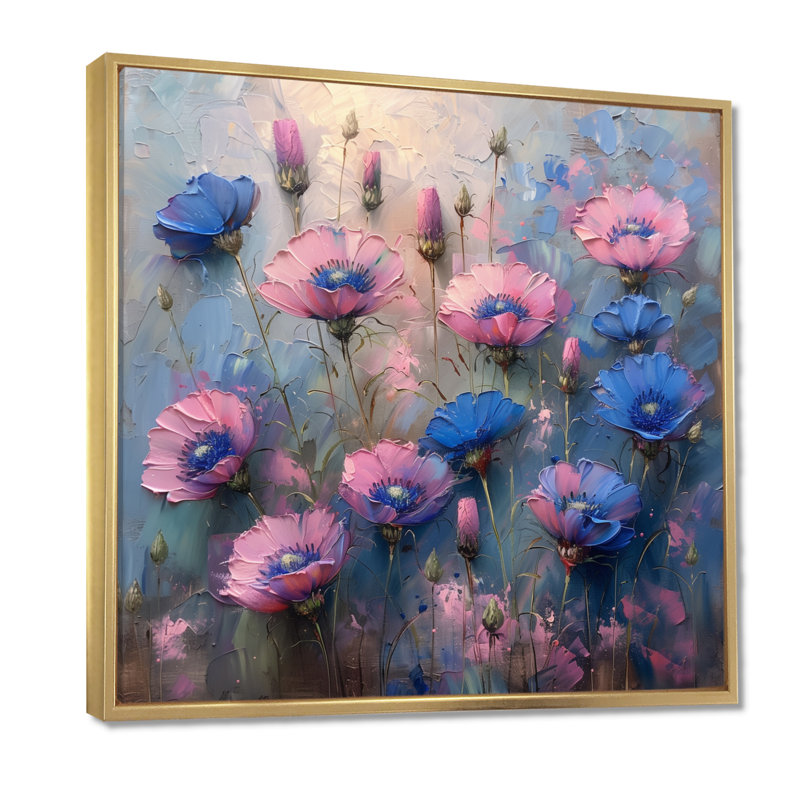 Mauve et bleu fragiles, fleurs de maïs - Art mural bleuets, H 16 po x l 16 po, Cadre flottant doré