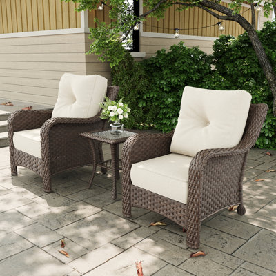 3 Piece Wicker Outdoor Furniture Set With 6-inch Comfy Cushions, High Back Patio Furniture Set With Rattan Armchairs And Side Table
