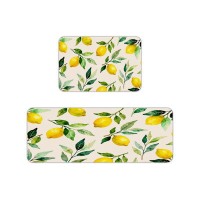 Beige Watercolor Lemon Leaf Kitchen Mats,2 Pack,For Kitchen & Bedroom