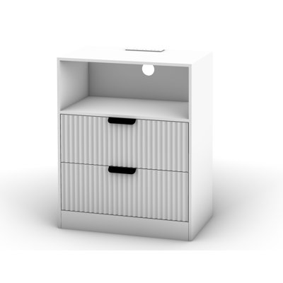 Table de chevet cannelée à 2 tiroirs de 60 cm de large avec station de recharge et compartiment de rangement ouvert, meuble de rangement de chevet pour chambre à coucher