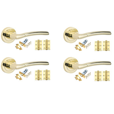 Golden Grace 4 Sets Indiana Design Door Handles in Polished Brass Finish with Tubular Latch and 1 Pair of 3" Ball Bearing Hinges