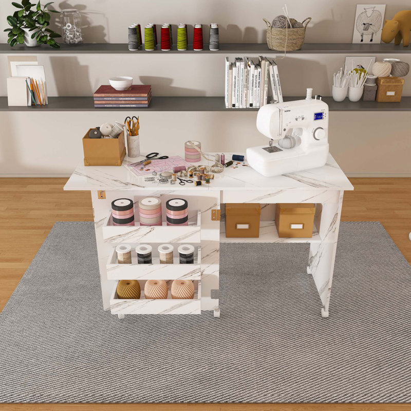 4-in-1 Folding Sewing Table with Lockable Wheels – Multi-Functional Craft Station, End Table, Computer Desk & Kitchen Storage with Shelves, White Rolling Sewing Machine Table for Apartments
