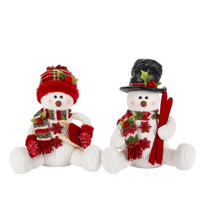 12 in. Plush Holiday Sitting Snowmen Figurines Set of 2