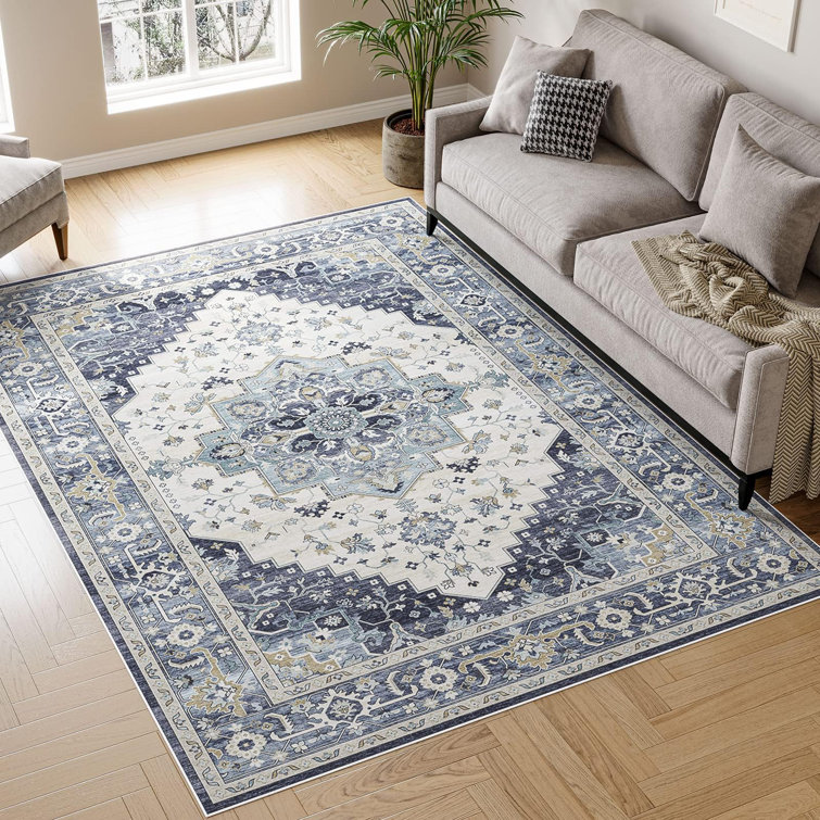 Oriental Blue Area Rug Vintage Washable Non-Slip Indoor Rugs