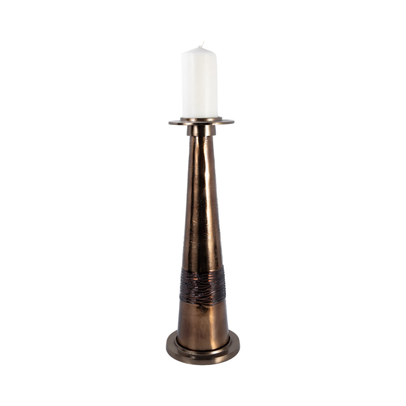Modern Glass and Aluminum Pillar and Taper Holder with Sculptural Metallic Form and Wrapped Midsection Detail for a Sleek Decorative Accent in Contemporary Stylish Home Decor Settings