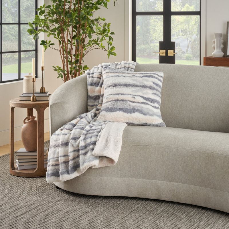 20" Blue and Gray Faux Fur Abstract Throw Pillow