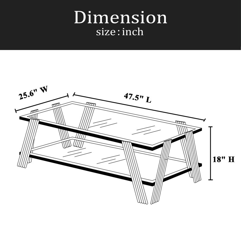 Table basse rectangulaire moderne en acier inoxydable de 47 po de largeur, table basse en verre trempé transparent à deux couches, table centrale avec rangement, pour le bureau à domicile, assemblage facile
