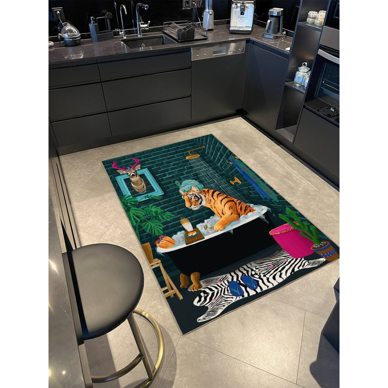 Tapis décoratif multicolore à motif de baignoire, de tigre et de cerf, Rectangle 3 pi 9,81 po x 6 pi 6,74 po