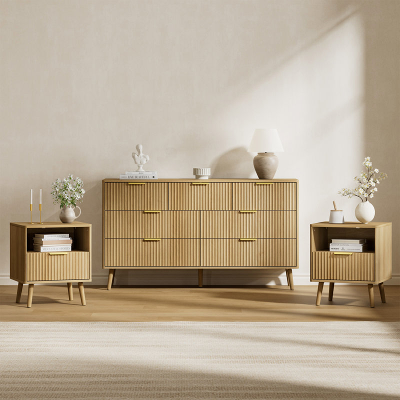 Ensemble de chambre à coucher 3 pièces (1 commode + 2 tables de chevet), Chêne