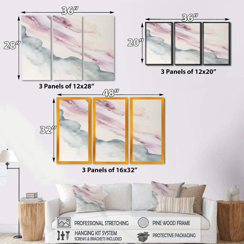 Mystery of the Waves In Elevated Blush IV - Ensemble d'art mural abstrait à l'encre liquide, H 28 po x l 36 po x P 1 po