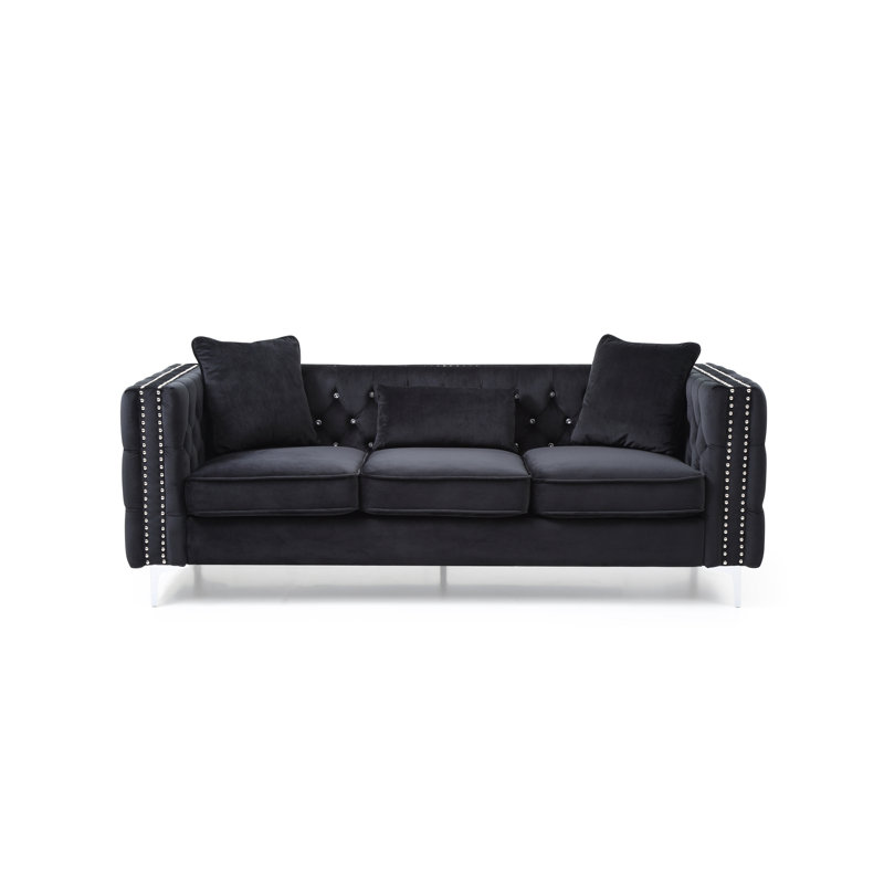 Cannella 86'' Velvet Sofa, Black Velvet