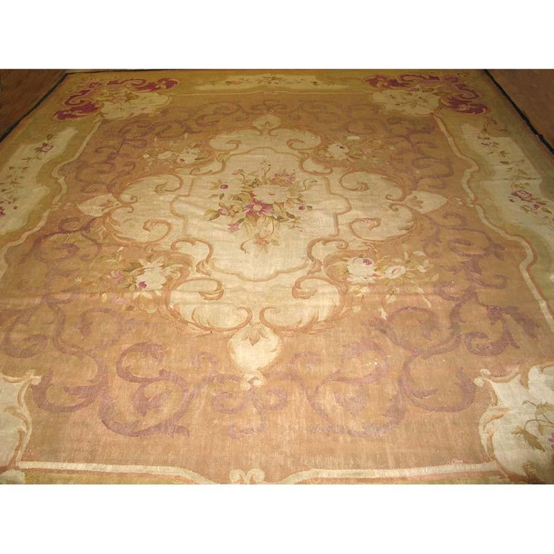 1860s Brown Traditional Floral Antique French Louis Philipe Period Aubusson Rug