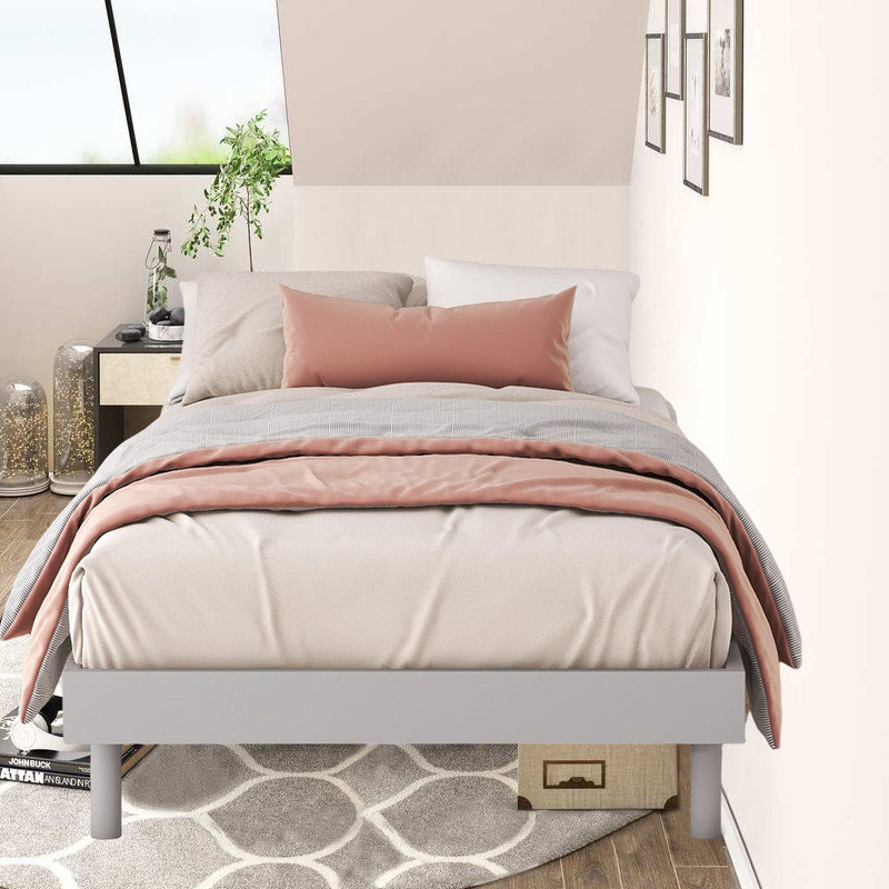 Wooden floating platform bed frame, Gray, Twin