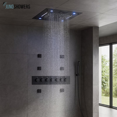 Three-Way Shower System with Body Jets and Rainfall Head Wall-Mounted Thermostatic Mixer