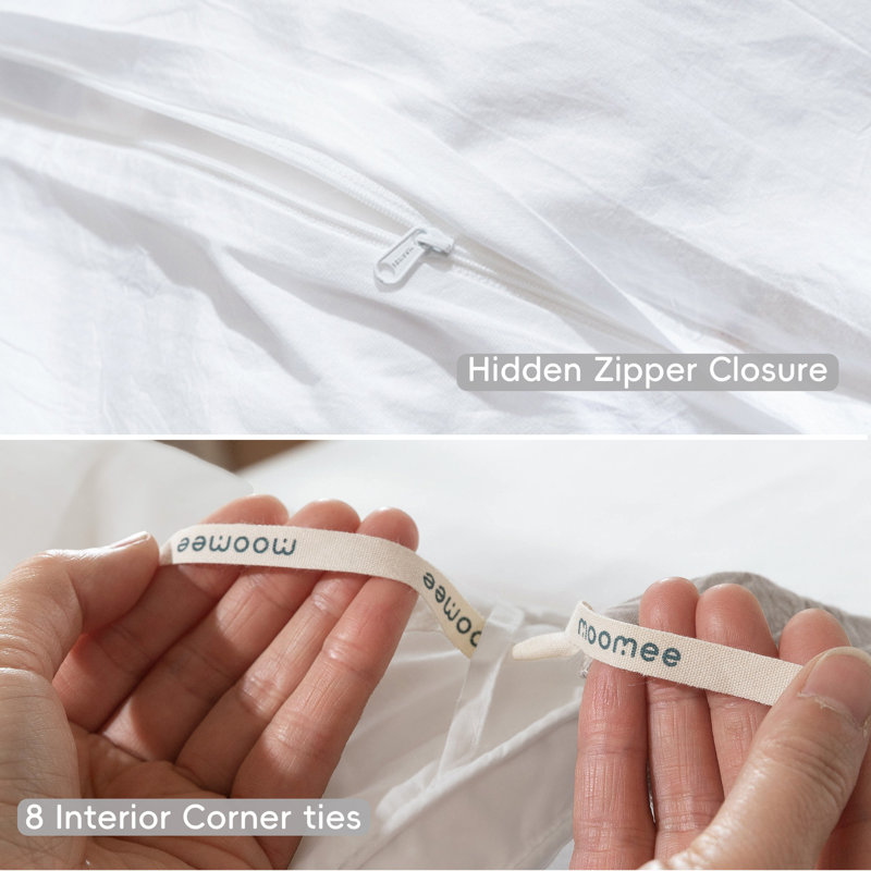 MooMee Lightweight Duvet Cover Set with Zipper Closure 8 Ties 100% Washed Cotton Linen Like Textured Soft Breathable All-Season