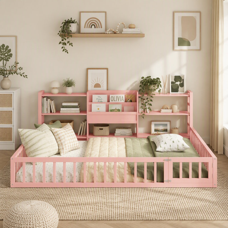 Structure de lit en bois avec bibliothèque et tablettes de rangement à 3 niveaux, Grand lit, Rose