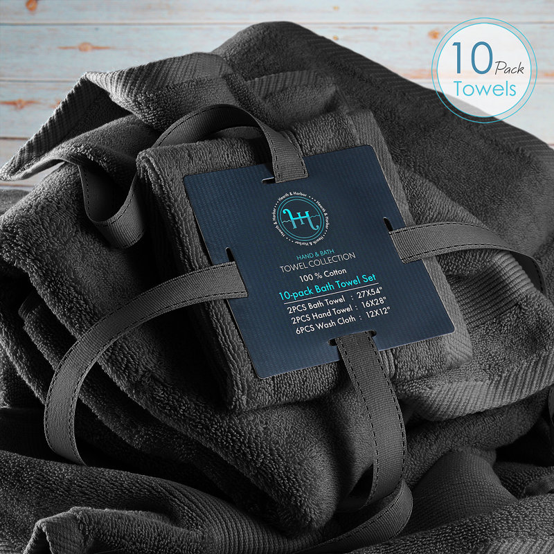10 pièces 100% coton ultra doux et absorbant Danni-Lee , Noir, 10 Pack Bath Towel Set