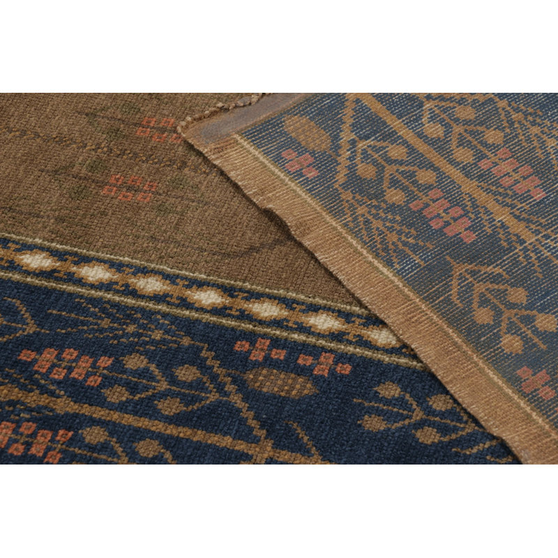 Vintage Swedish "Flossa" Rug, Tobacco Brown & Navy Botanical Border - Rug & Kilim