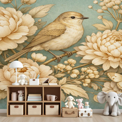 Papiers peints adhésifs à motif floral oiseaux dorés et sarcelle décoratifs muraux sarcelle H 69 po x l 96 po Décoration murale auto-adhésive en PVC pour chambre à coucher, bureau à domicile