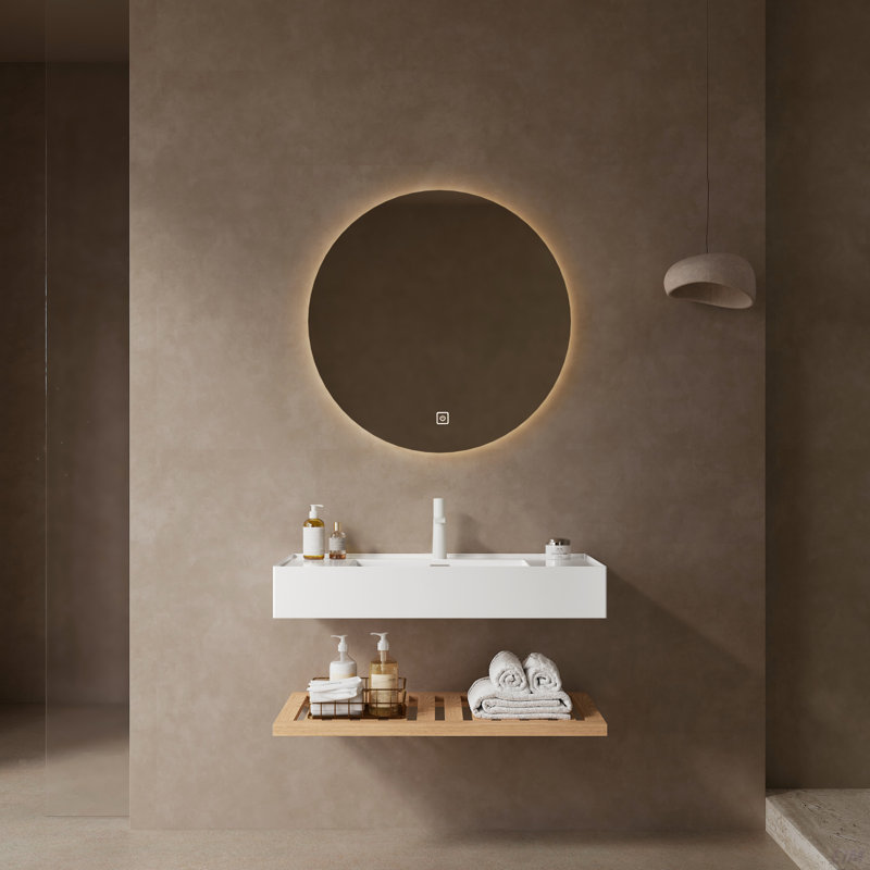 Meuble-lavabo de salle de bain avec lavabo vasque, lavabo intégré mural rectangulaire en acrylique flottant blanc sans robinet, étagère rayée