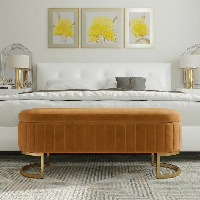 Banc de rangement 51 po avec pieds dorés, banc de fin de lit en velours pour le salon, fenêtre, entrée