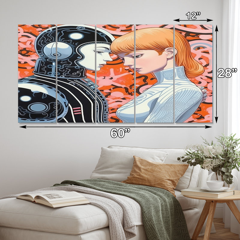 «Hot Robots In Love Retro Illustration I», reproduction sur toile Robot - 5 panneaux égaux