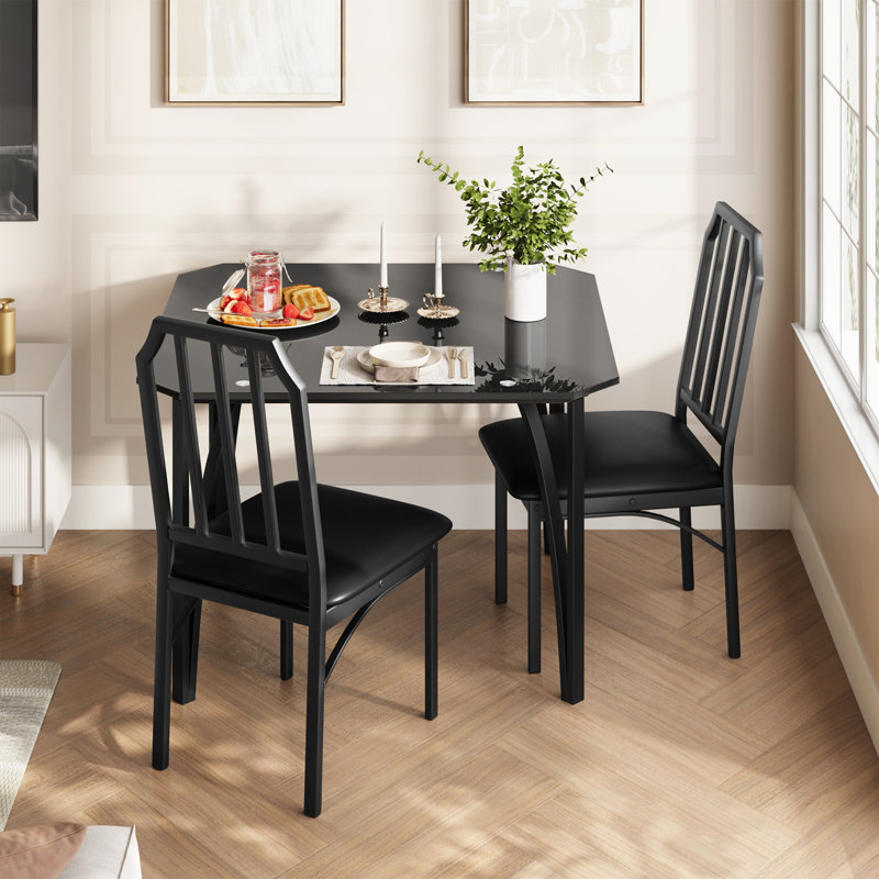 Dining Table Set for 2 with Chairs, Small Kitchen Dining Room Furniture Set, Ultra Comfortable PU Cushion, Sturdy Metal Frame, Space-Saving Design, Black Glass