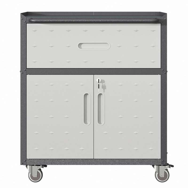 Armoire à outils en métal robuste et durable pour le garage avec roues - Armoire de rangement mobile robuste avec 1 tiroir et 2 portes verrouillables, armoire de rangement à outils roulante