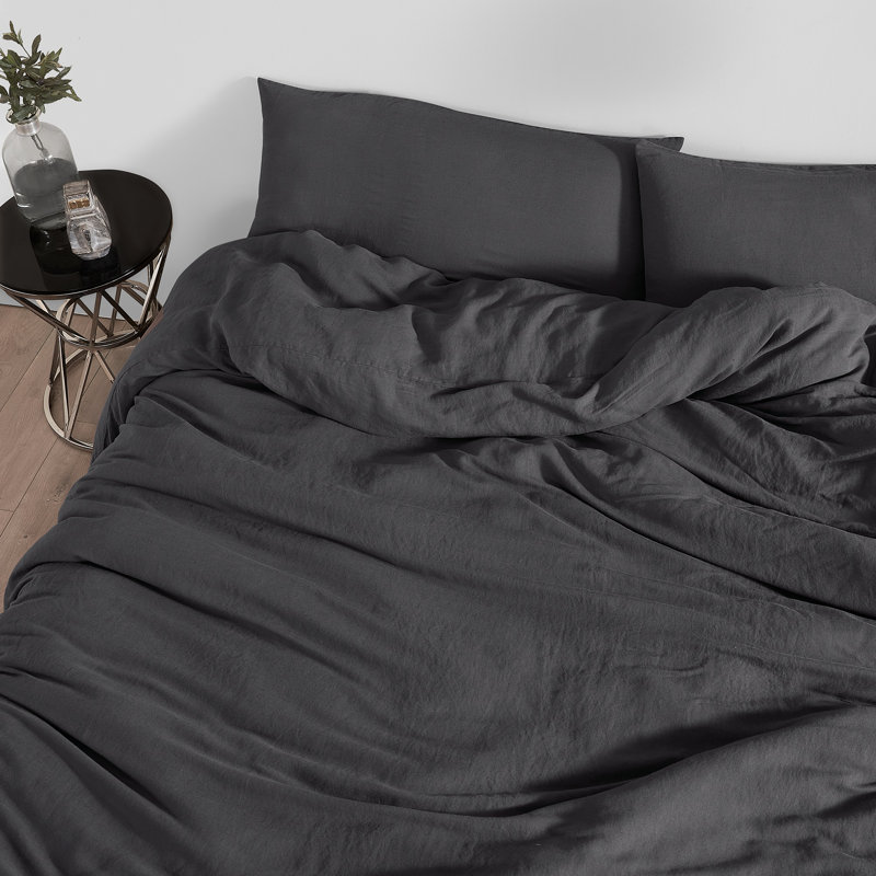 Belgian Flax Linen and Viscose Luxury Oversized Duvet Cover, Black, Twin Extra Long Duvet Cover