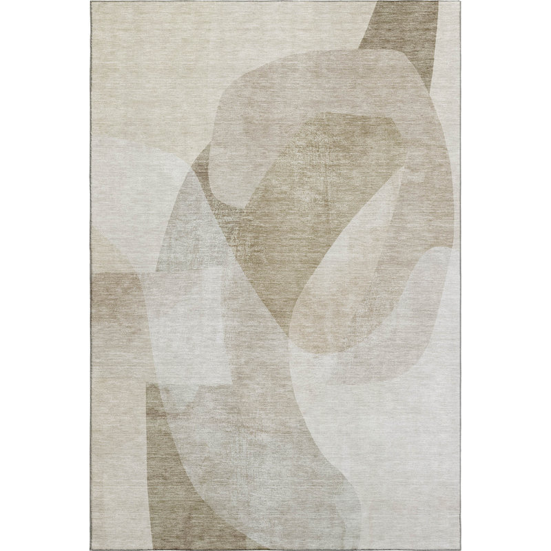 Premium Machine Washable Mayfield AMF2057 Abstract Rug, Beige, 3' x 5'