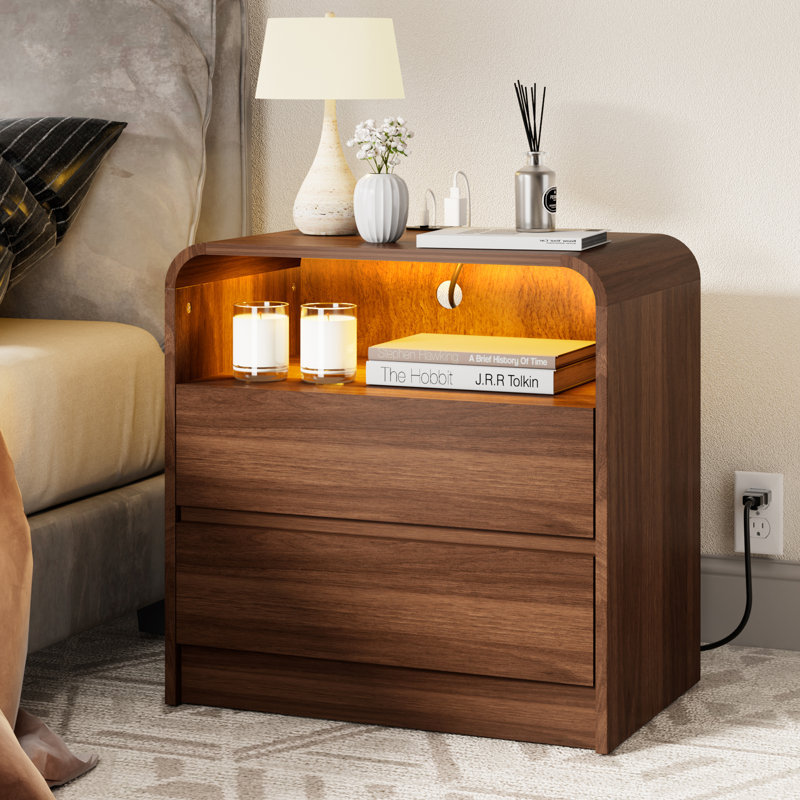 Avenley 24" Modern Nightstand with LED Light & Charging Station, 2 Handleless Drawers End Table with Open Shelf, Curved Profile, Side Table for Bedroom, Living room