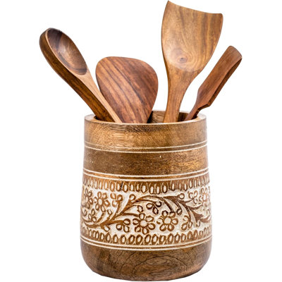 Farmhouse 7'' Large Wooden Utensil Holder, White Floral
