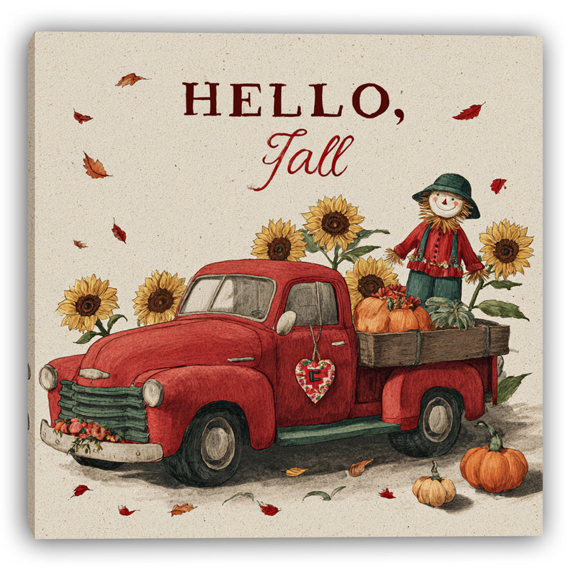«Hello Fall», camion rouge sur toile tendue