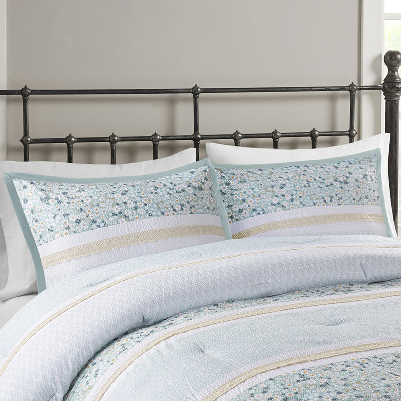 Édredon Seersucker avec coussins décoratifs - literie de style 100% botanique chic décontracté, Bleu