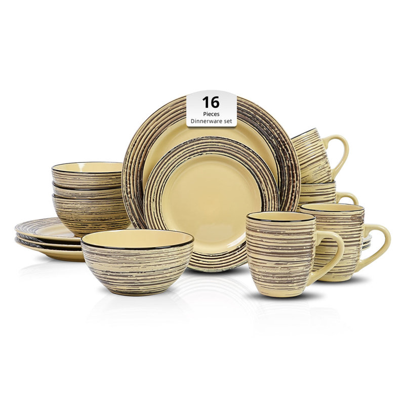 Service de table 16 pièces en grès imitation écorce d'arbre HomeVSS, pour 4 personnes, Bambou