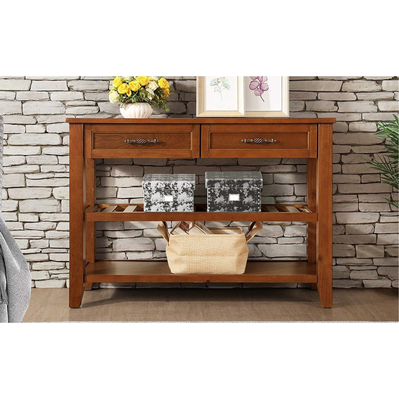 Console avec 2 tiroirs de rangement et 2 tablettes à niveaux, buffet style Mid-Century en bois massif de 42 po, Brun