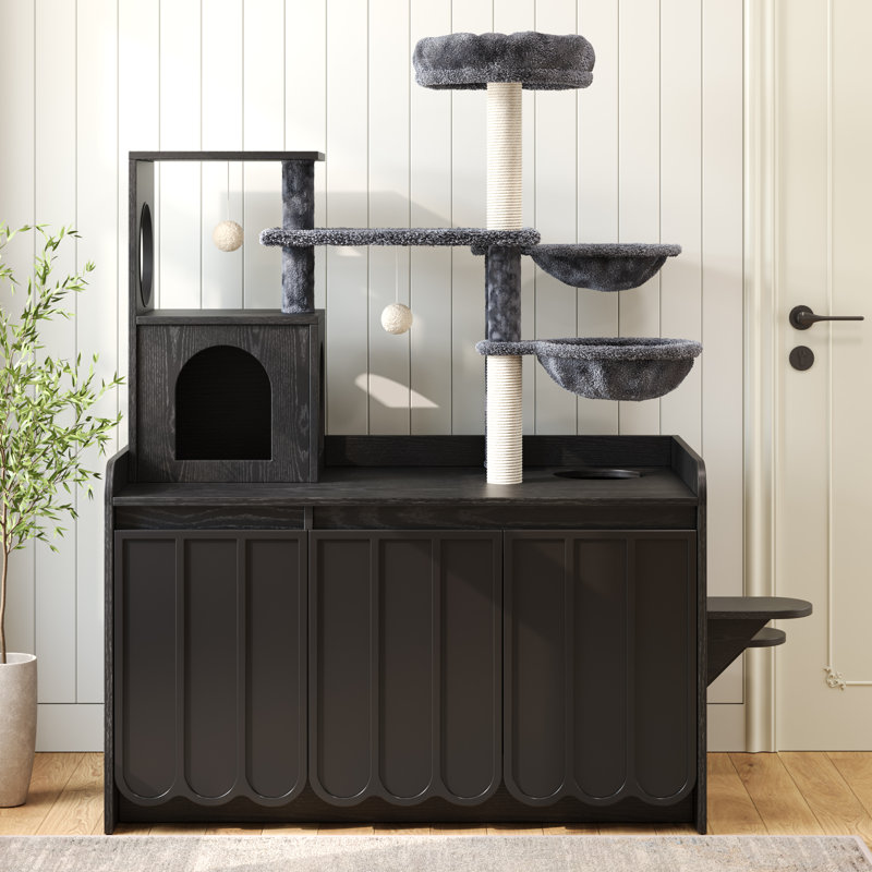 Arbre à chat avec bac à litière caché et armoire de rangement, tour de chat moderne à plusieurs niveaux de 50,6 po avec poteaux à griffes en sisal, hamacs doubles et grand perchoir