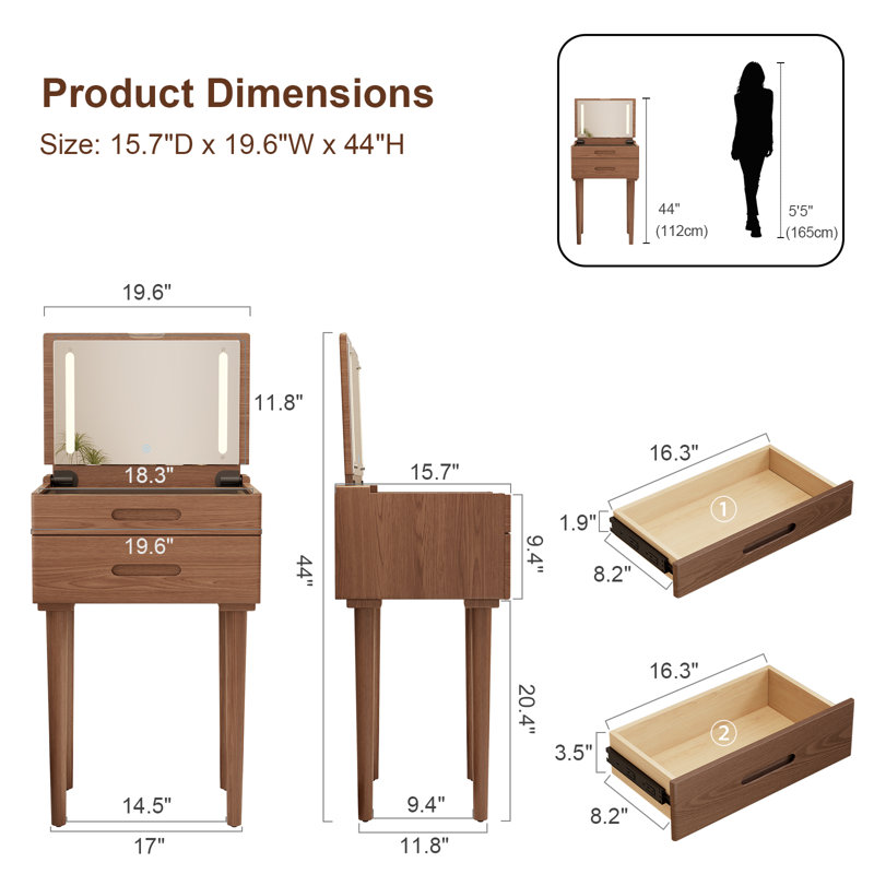 Solid Wood Makeup Vanity with Flip Top Mirror & 3 Adjustable Lighting Modes, Simple Leg Installation, Walnut