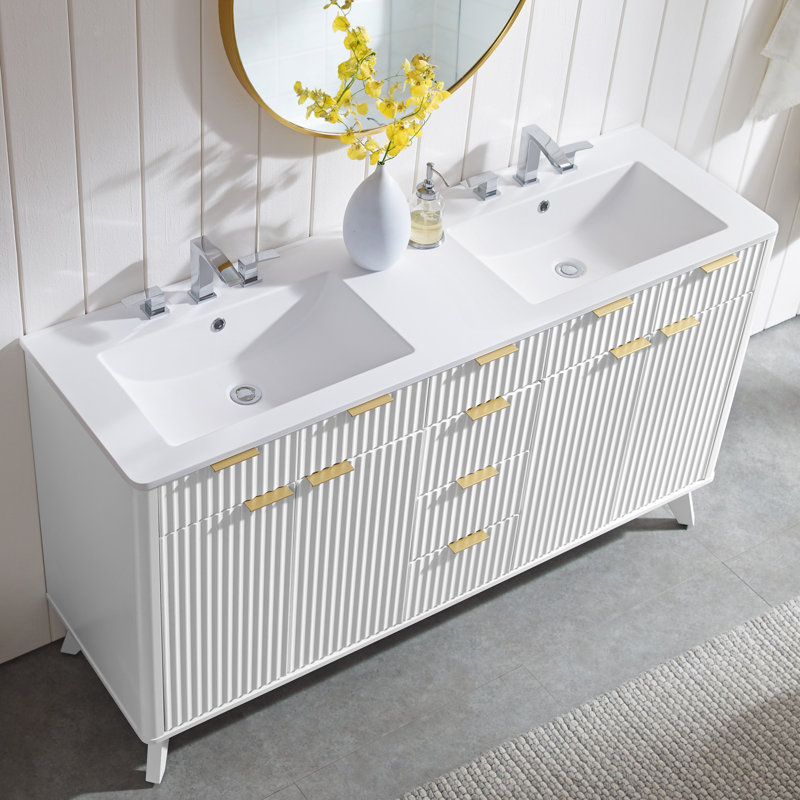 60'' Free Standing Double Bathroom Vanity With Engineered Stone Top, Soft-Close Doors, White